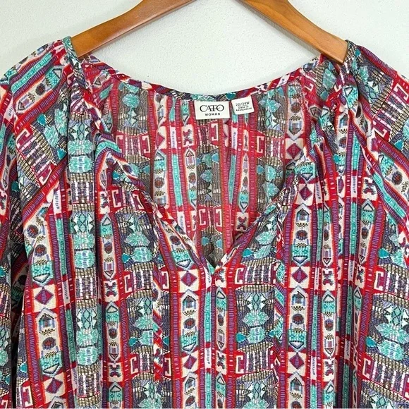 2/$25 CATO Red Bohemian Boho Tribal Western Lightweight Business Casual Blouse - Picture 10 of 14
